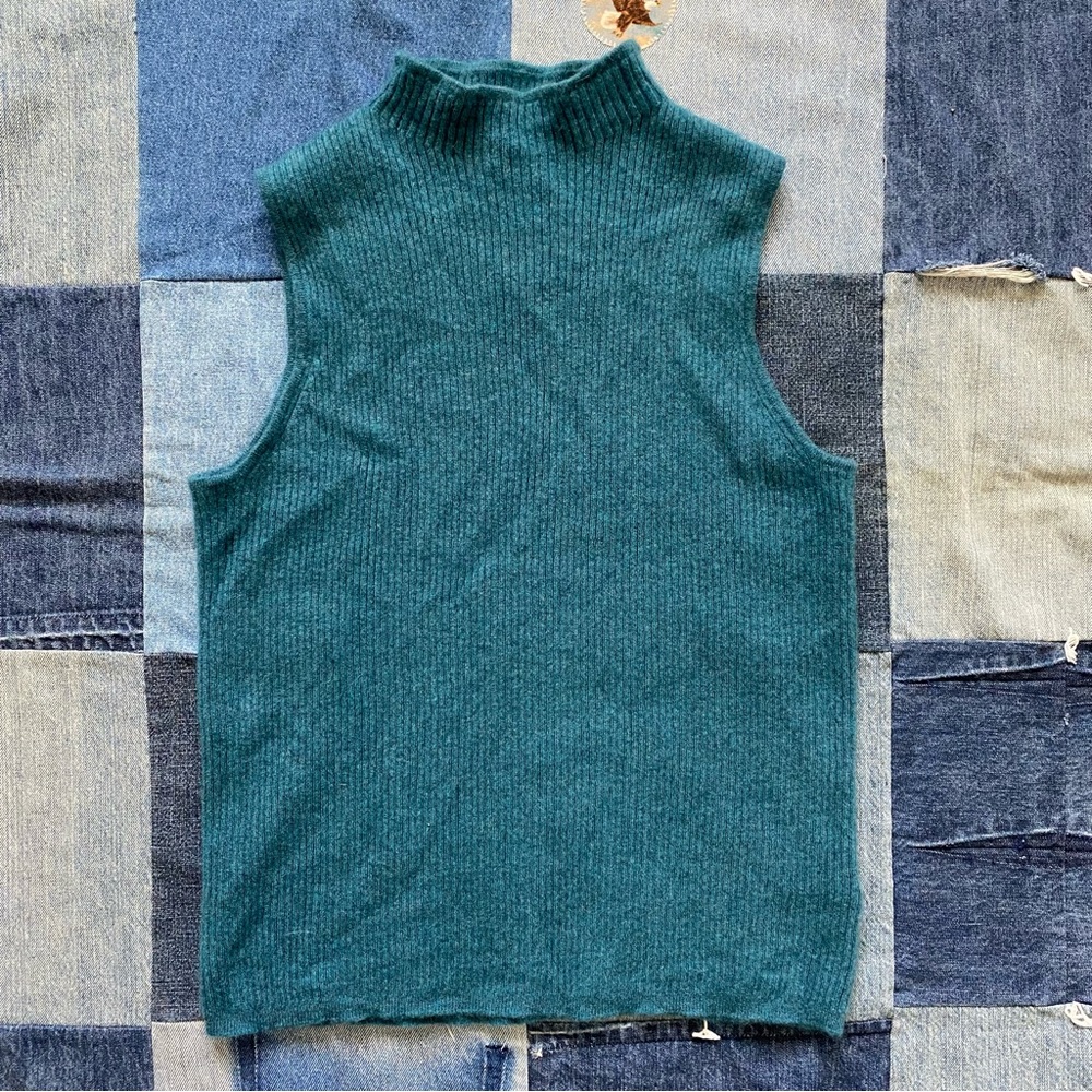 100% cashmere h by halston sleeveless turtleneck teal sweater size XL